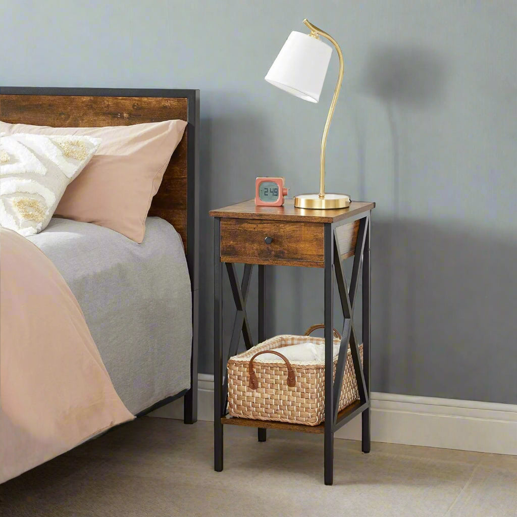 Tall Nightstand with Drawer & Shelf – Rustic Brown & Black Industrial Bedside Table