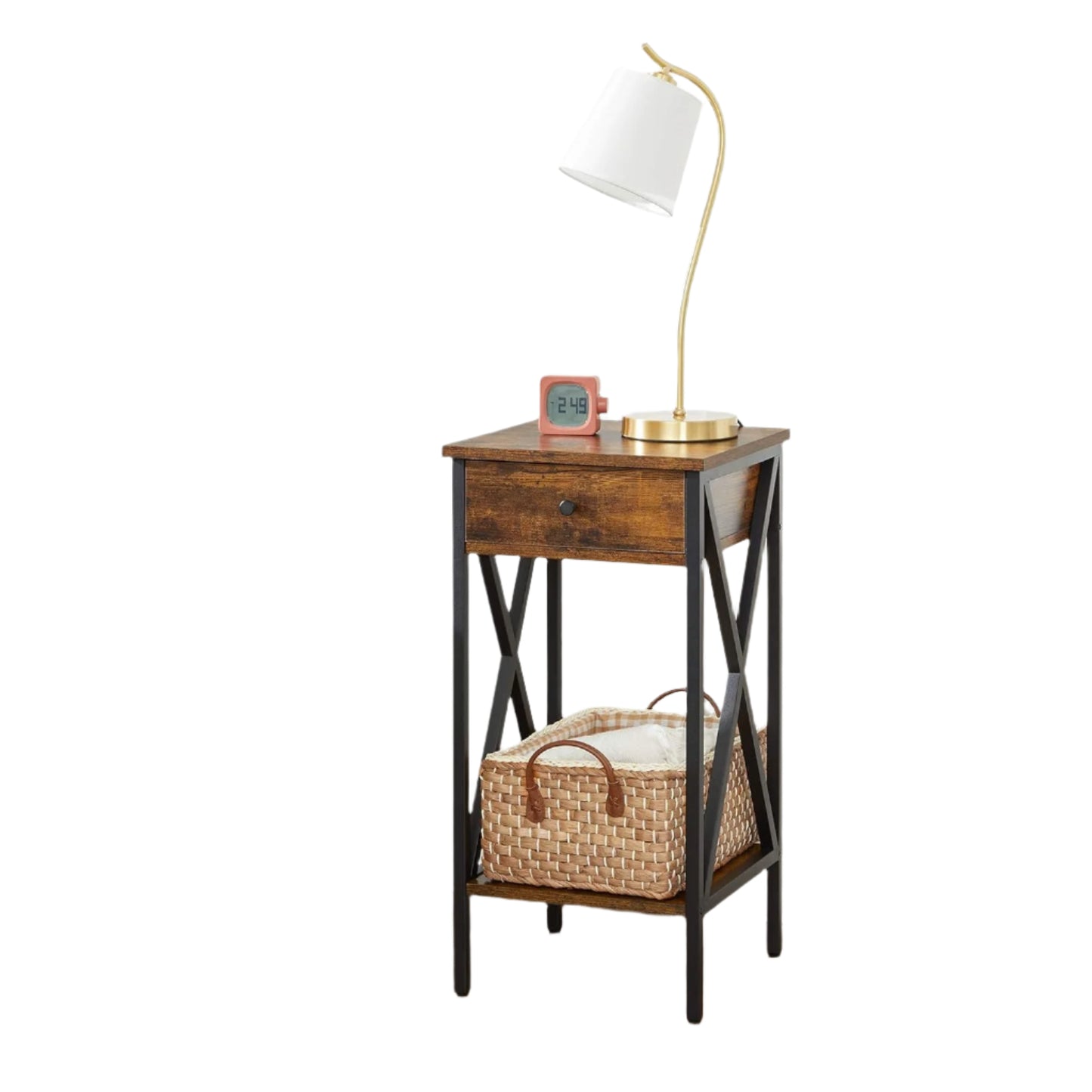 Tall Nightstand with Drawer & Shelf – Rustic Brown & Black Industrial Bedside Table