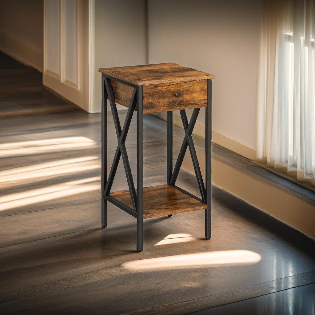 Tall Nightstand with Drawer & Shelf – Rustic Brown & Black Industrial Bedside Table