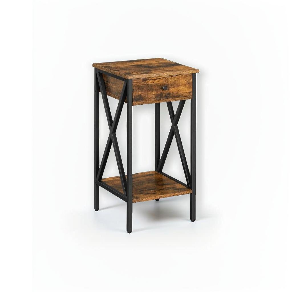 Tall Nightstand with Drawer & Shelf – Rustic Brown & Black Industrial Bedside Table