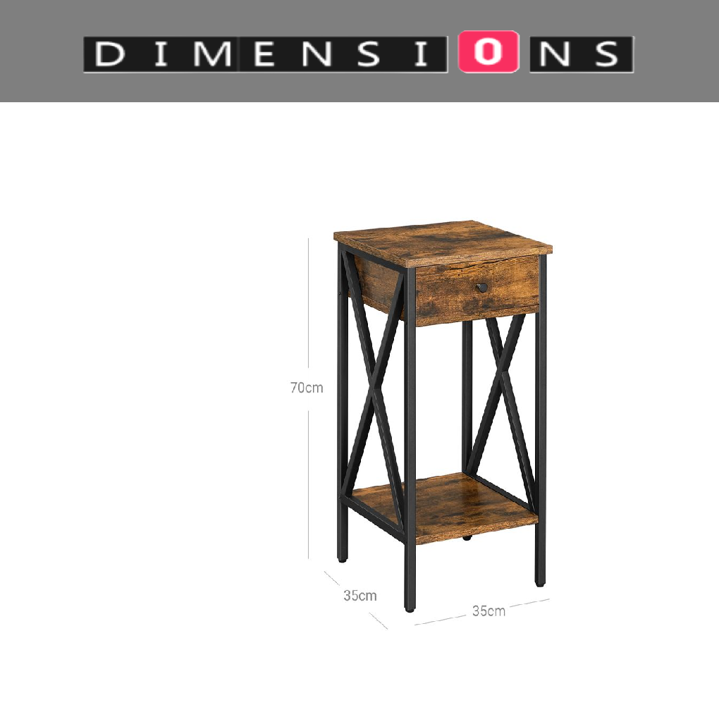 Tall Nightstand with Drawer & Shelf – Rustic Brown & Black Industrial Bedside Table