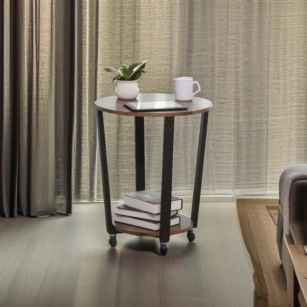 Round Industrial Side Table – Rustic Brown & Black Steel Frame for Living Room & Bedroom