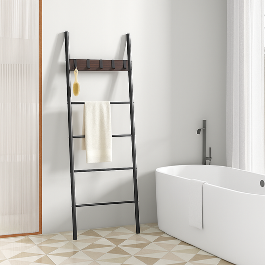 5-Tier Industrial Towel Ladder Shelf with 5 Hooks