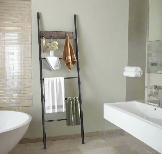 5-Tier Industrial Towel Ladder Shelf with 5 Hooks