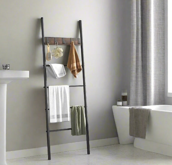 5-Tier Industrial Towel Ladder Shelf with 5 Hooks