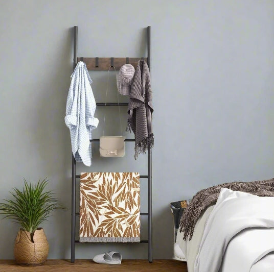 5-Tier Industrial Towel Ladder Shelf with 5 Hooks