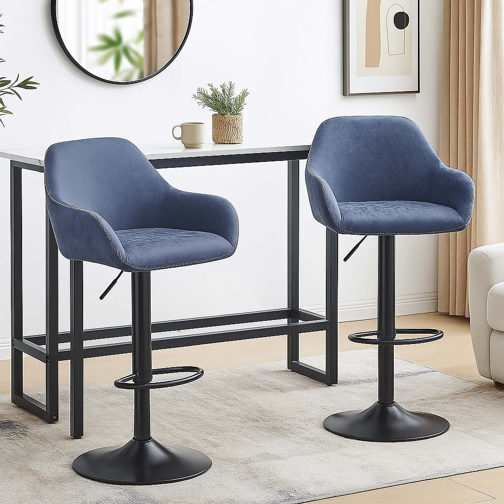 Set of 2 Adjustable Swivel Bar Stools with Backrest & Armrests – Faux Leather Blue Chairs
