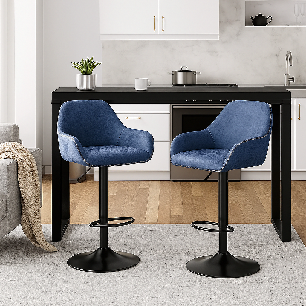 "Set of 2 blue faux leather bar stools with backrest and armrests for kitchen or home bar"