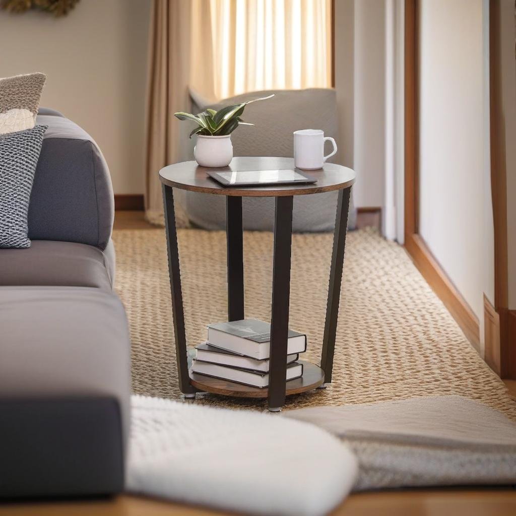 Round Industrial Side Table – Rustic Brown & Black Steel Frame for Living Room & Bedroom