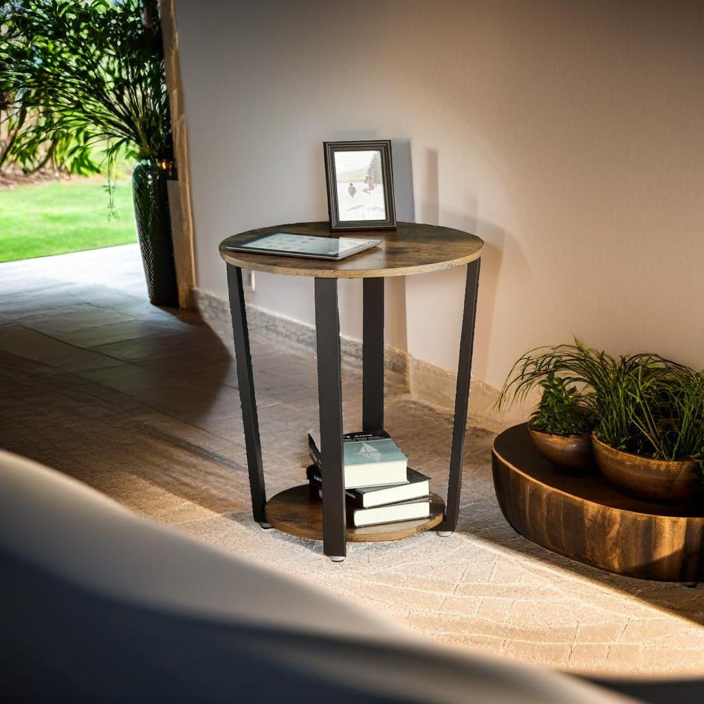 Round Industrial Side Table – Rustic Brown & Black Steel Frame for Living Room & Bedroom