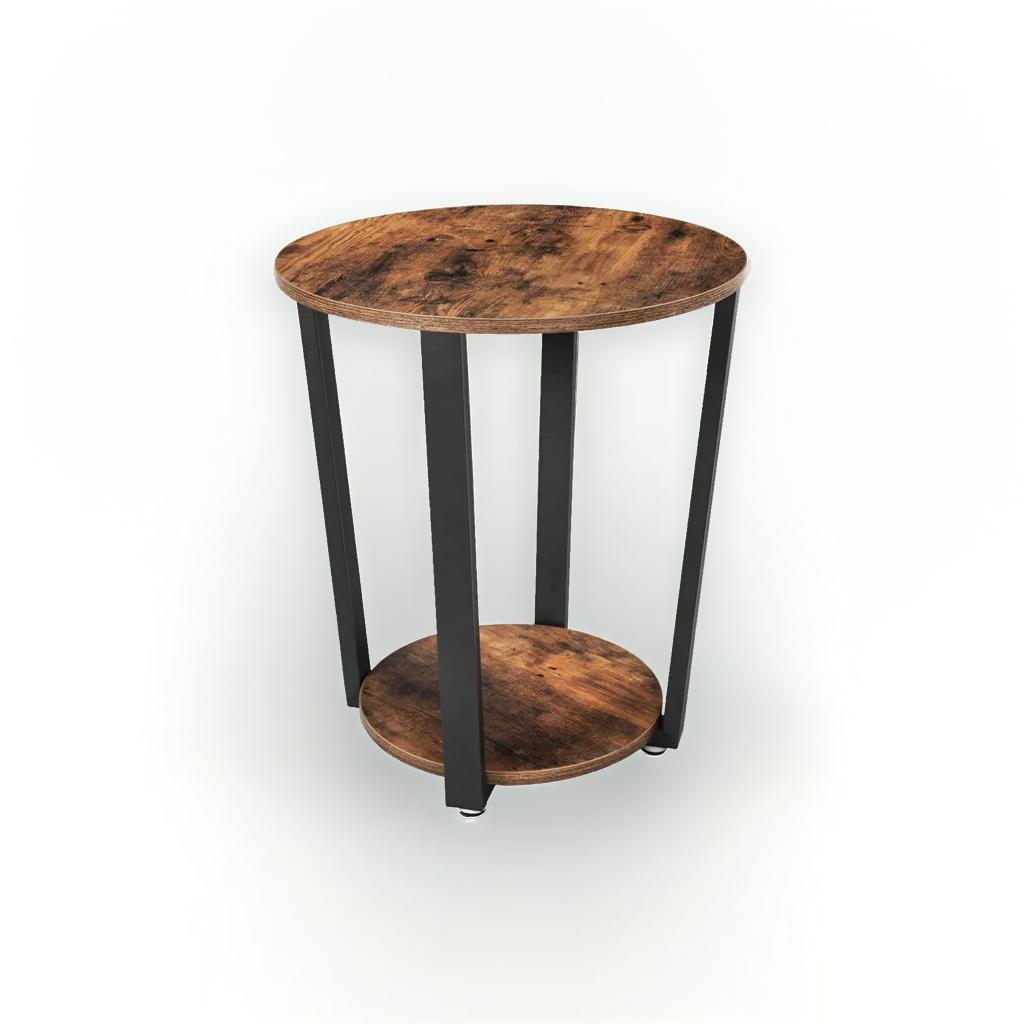 Round Industrial Side Table – Rustic Brown & Black Steel Frame for Living Room & Bedroom