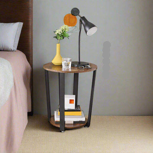 Round rustic side table with steel frame in black and brown for living room or bedroom