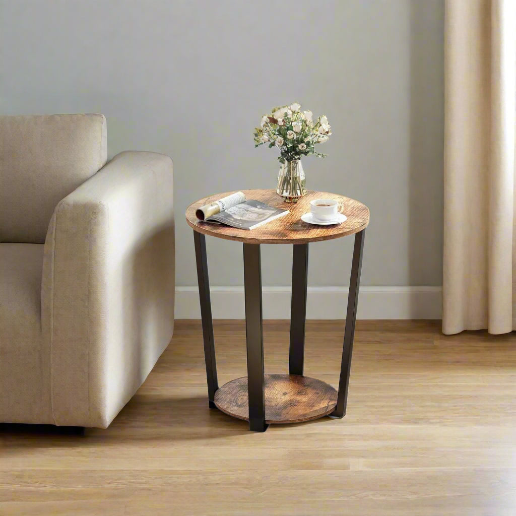 Round Industrial Side Table – Rustic Brown & Black Steel Frame for Living Room & Bedroom