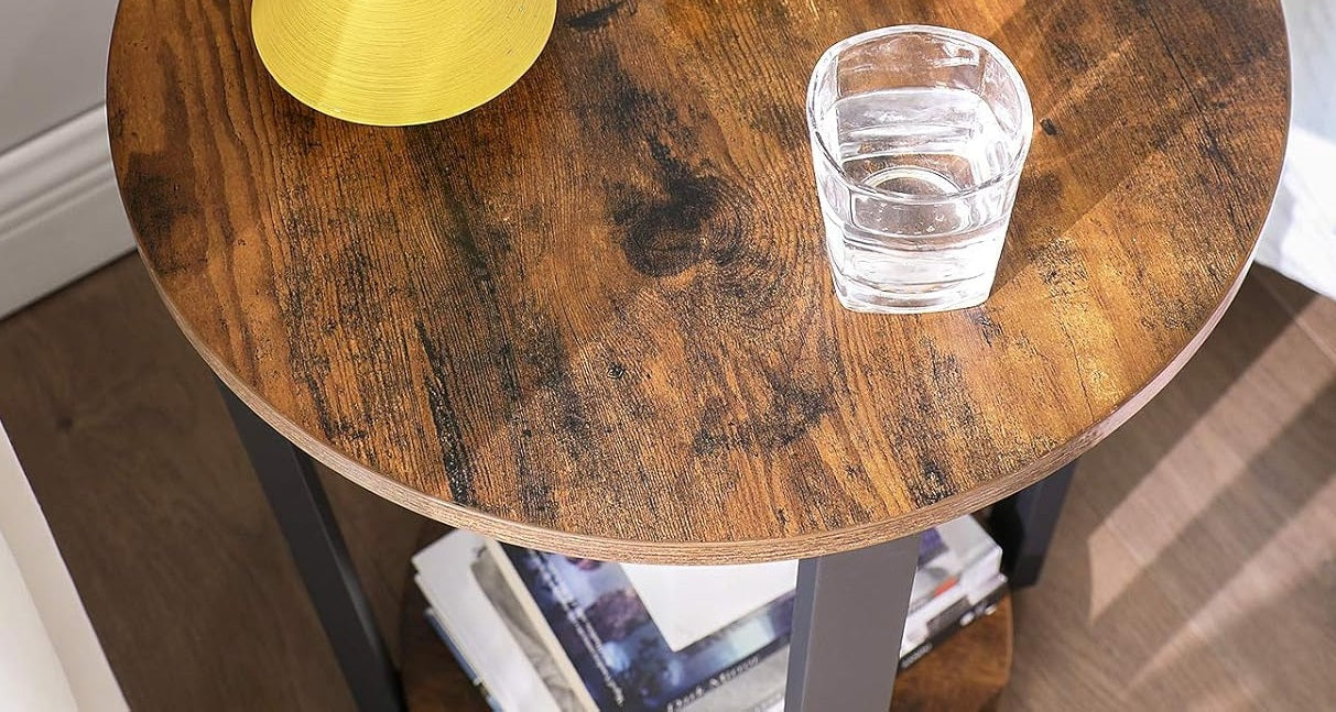 Round Industrial Side Table – Rustic Brown & Black Steel Frame for Living Room & Bedroom