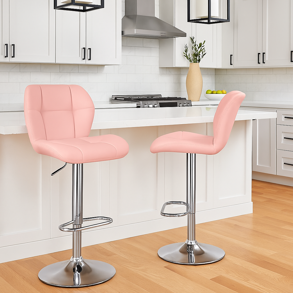 Set of 2 Pink PU Leather Bar Stools – Adjustable Swivel Counter Chairs with Backrest