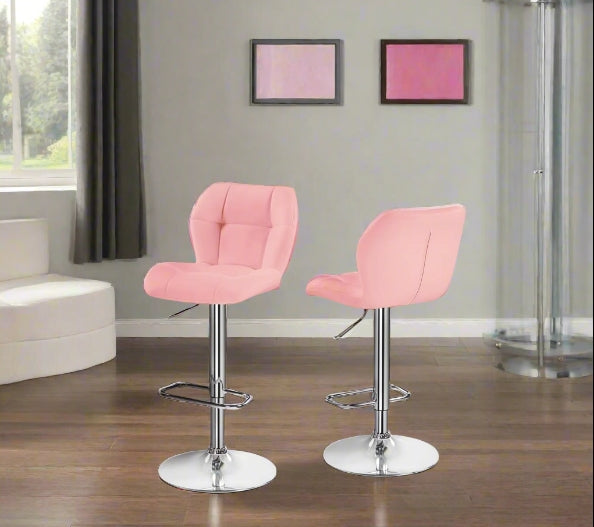 Set of 2 Pink PU Leather Bar Stools – Adjustable Swivel Counter Chairs with Backrest