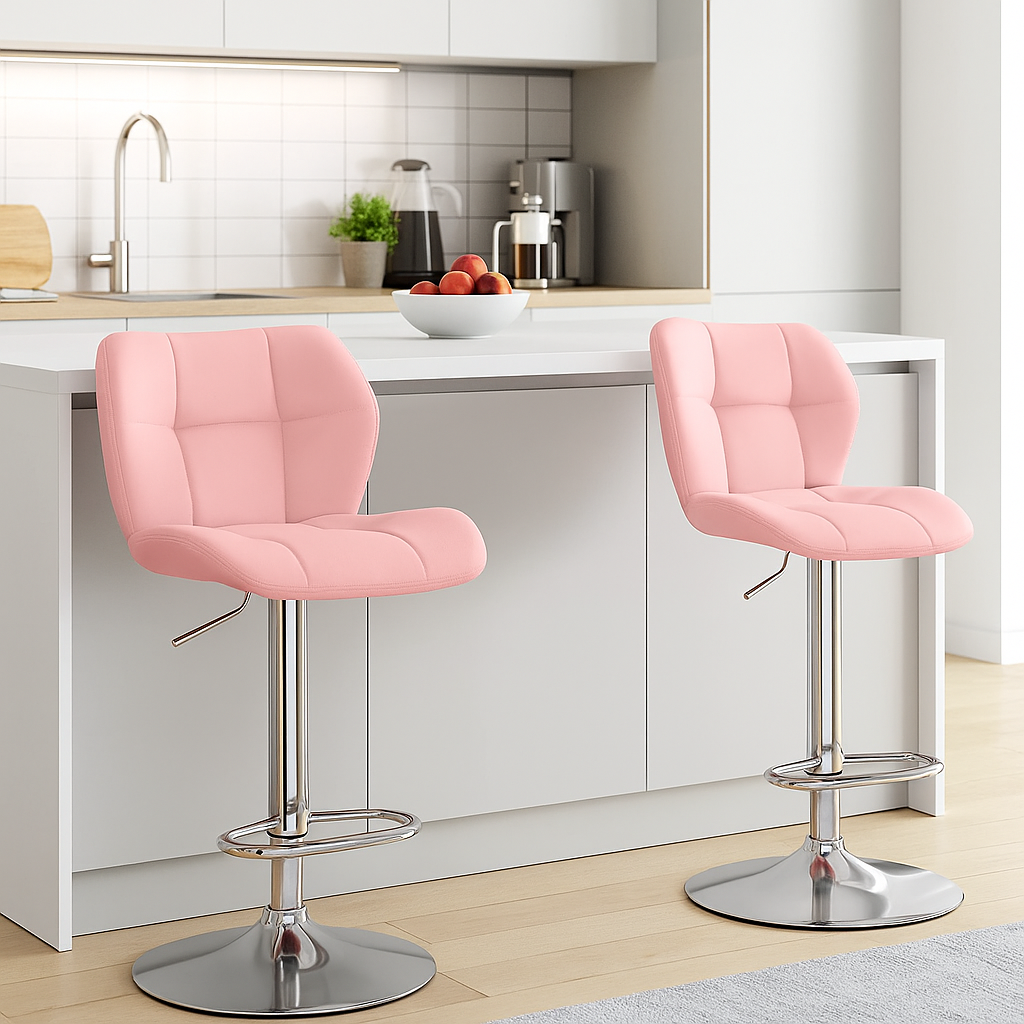 Set of 2 Pink PU Leather Bar Stools – Adjustable Swivel Counter Chairs with Backrest