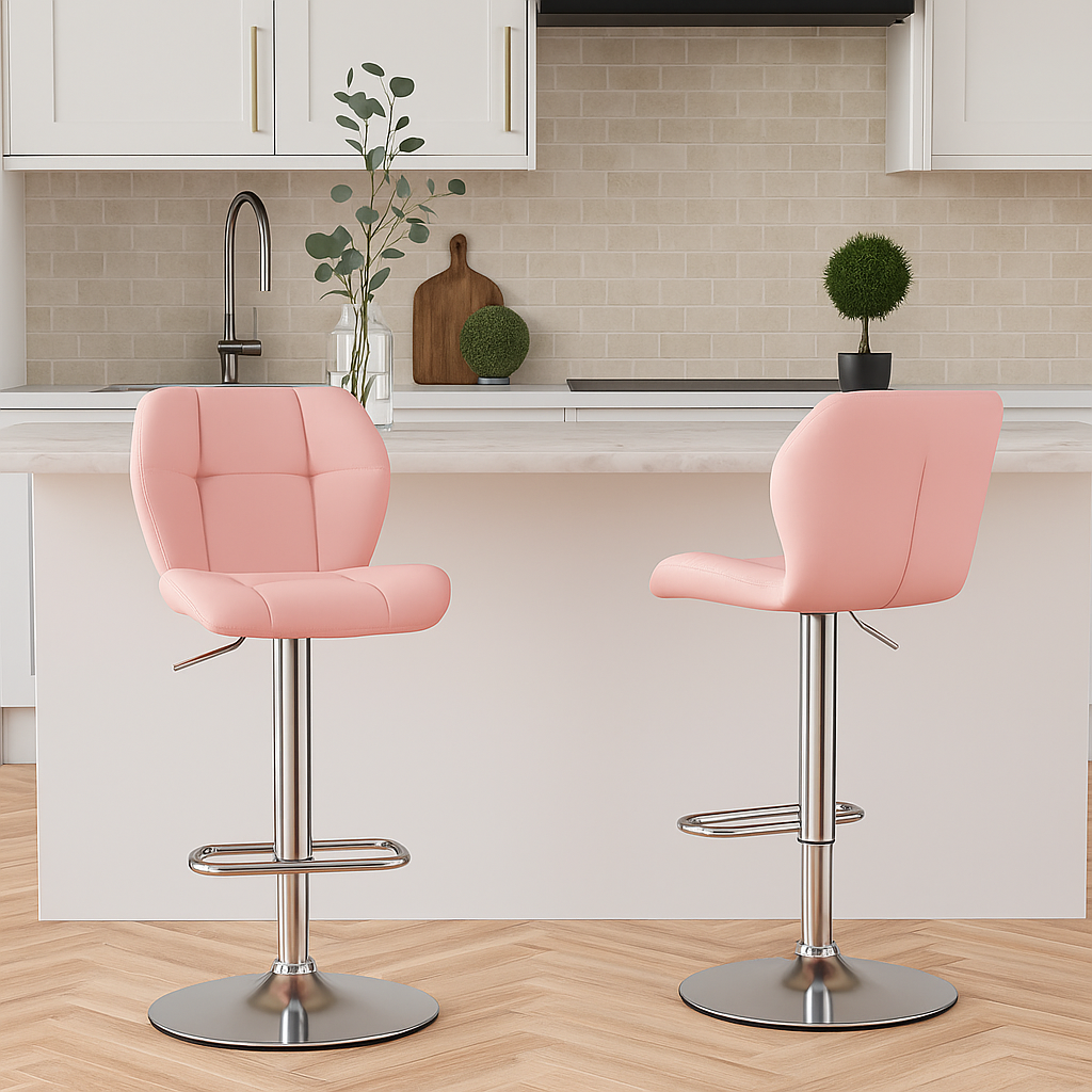 Set of 2 Pink PU Leather Bar Stools – Adjustable Swivel Counter Chairs with Backrest