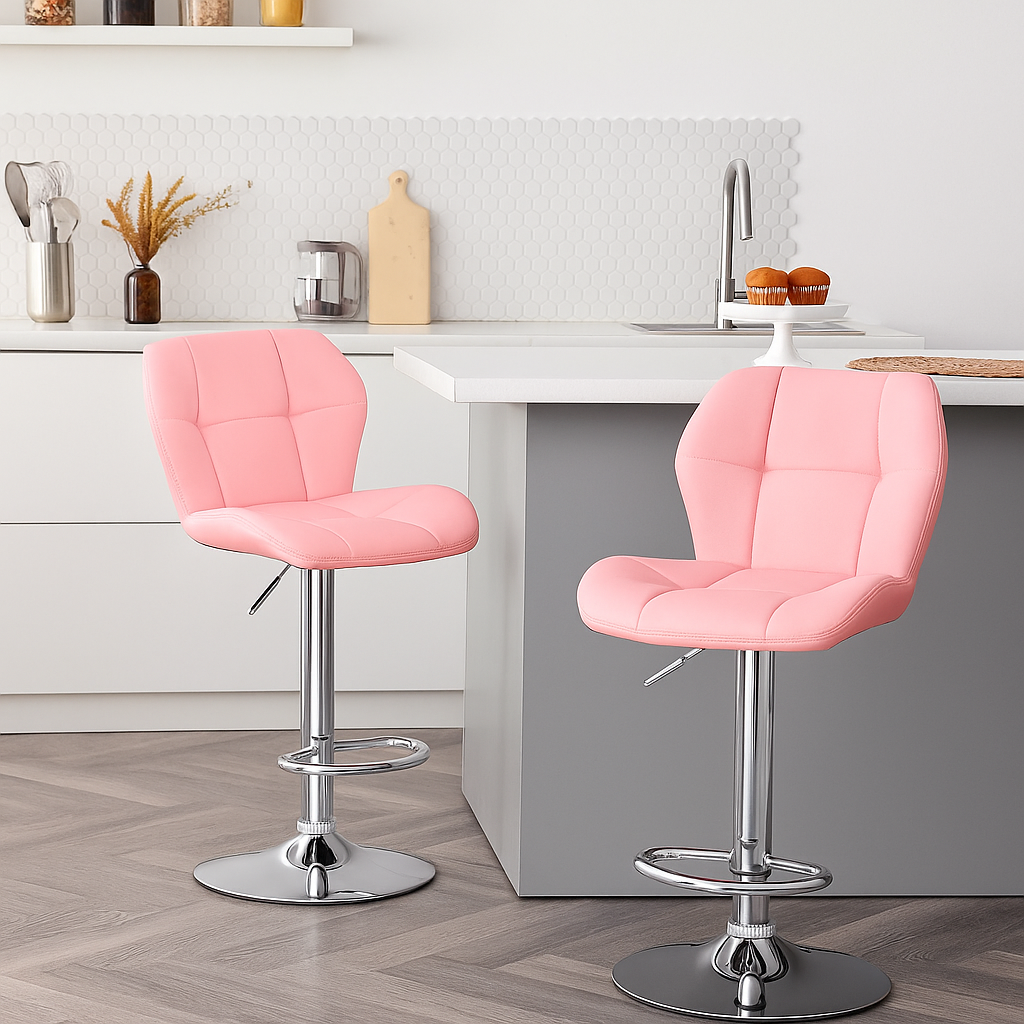 Set of 2 pink faux leather swivel bar stools with adjustable height and shell backrest for kitchen or home bar