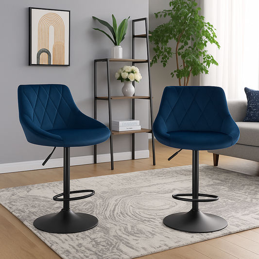 "Set of 2 blue velvet swivel stools with adjustable height and backrest for kitchen, salon or vanity use"