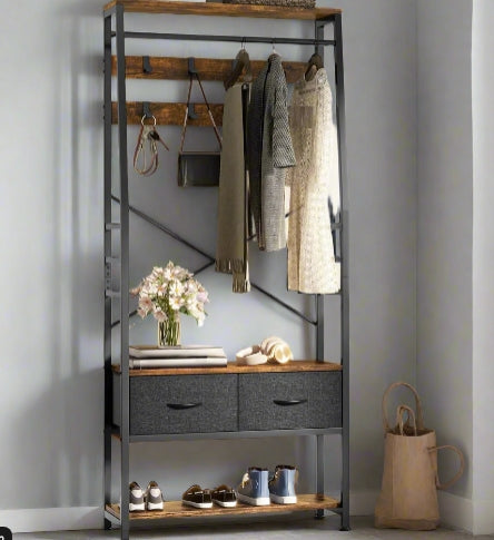 Industrial Coat Rack Stand with Shoe Storage and Bench