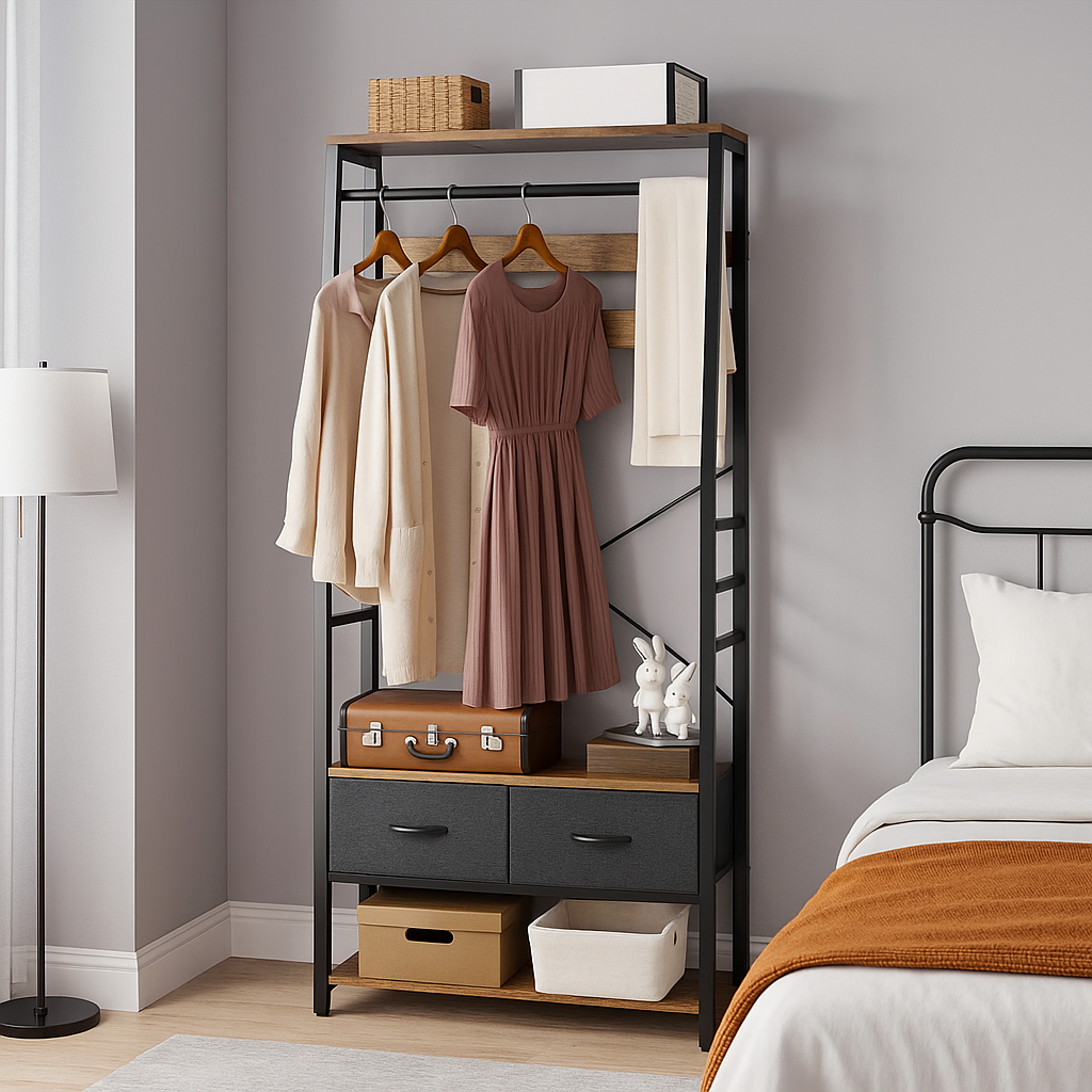 Industrial Coat Rack Stand with Shoe Storage and Bench