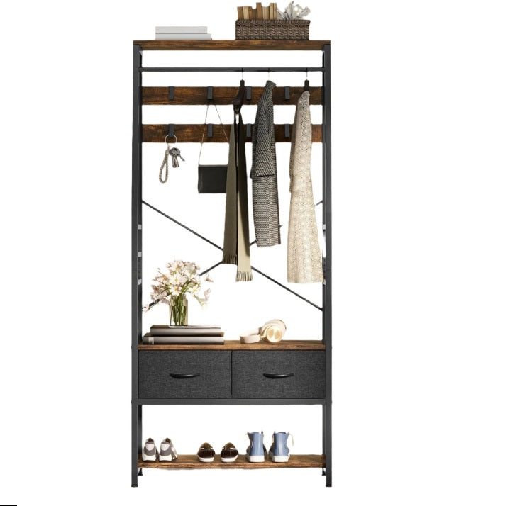 Industrial Coat Rack Stand with Shoe Storage and Bench
