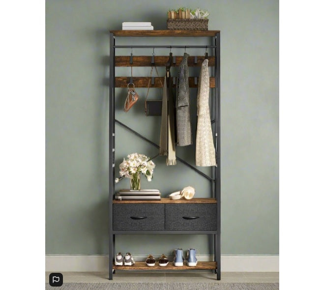 Industrial Coat Rack Stand with Shoe Storage and Bench