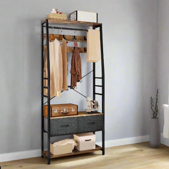 Industrial Coat Rack Stand with Shoe Storage and Bench