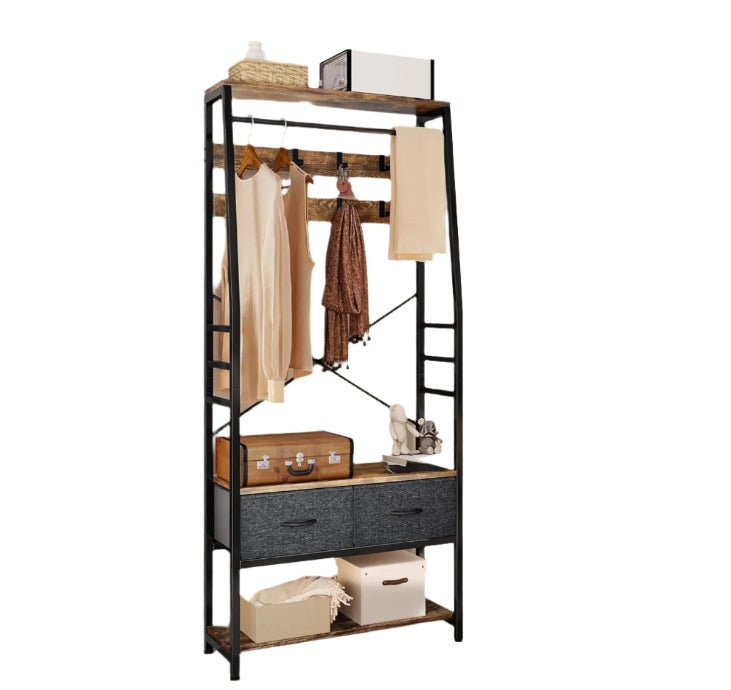 Industrial Coat Rack Stand with Shoe Storage and Bench