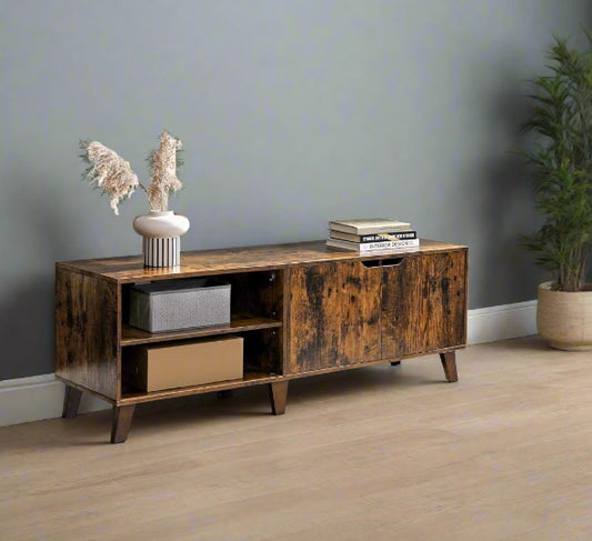 Rustic Brown TV Stand with 2 Doors & Adjustable Shelves – 140cm Unit for TVs up to 65” – Living Room Storage Cabinet