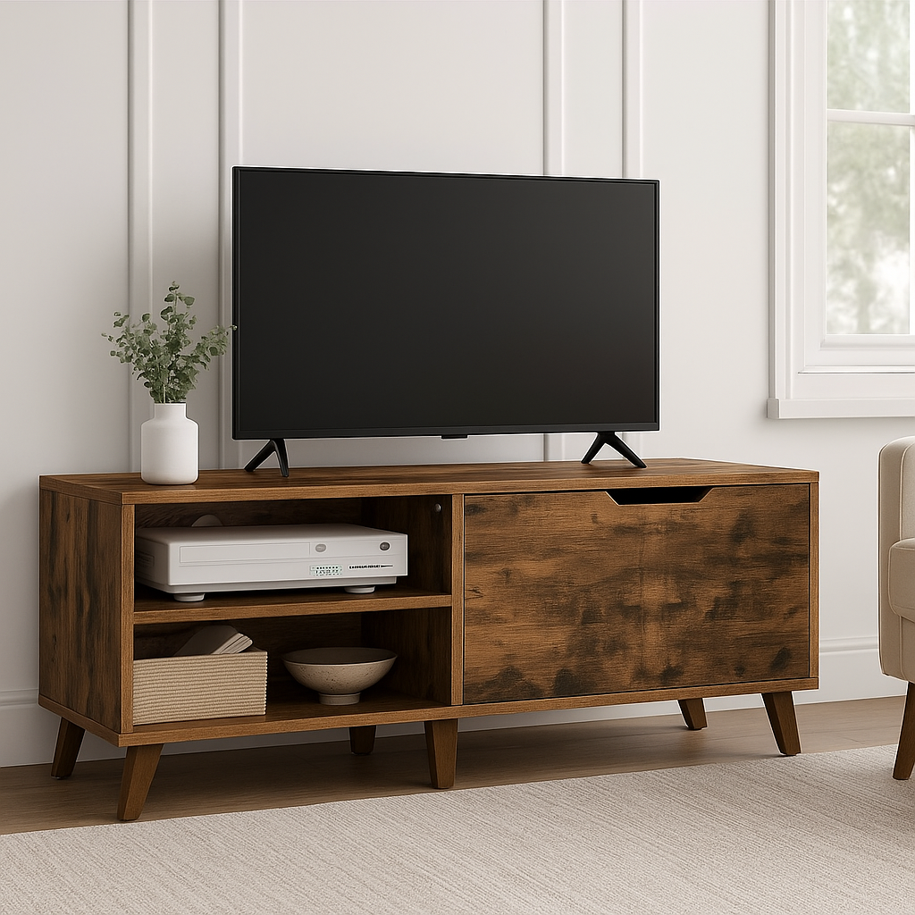 Rustic Brown TV Stand with 2 Doors & Adjustable Shelves – 140cm Unit for TVs up to 65” – Living Room Storage Cabinet