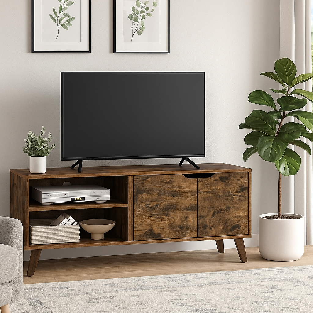 Rustic Brown TV Stand with 2 Doors & Adjustable Shelves – 140cm Unit for TVs up to 65” – Living Room Storage Cabinet