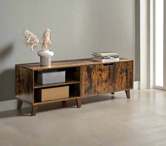 Rustic Brown TV Stand with 2 Doors & Adjustable Shelves – 140cm Unit for TVs up to 65” – Living Room Storage Cabinet