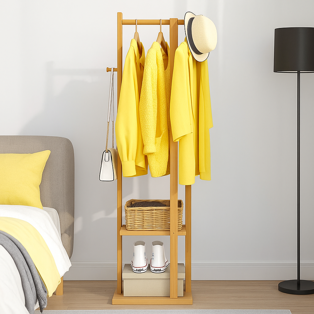Bamboo Coat Stand with Garment Shelf and Hanging Rail