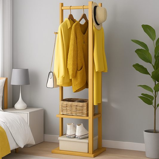 Bamboo Coat Stand with Garment Shelf and Hanging Rail
