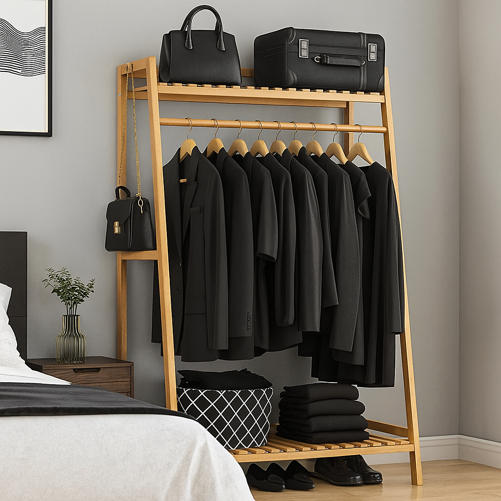 Heavy Duty Bamboo Clothes Rail and Wardrobe