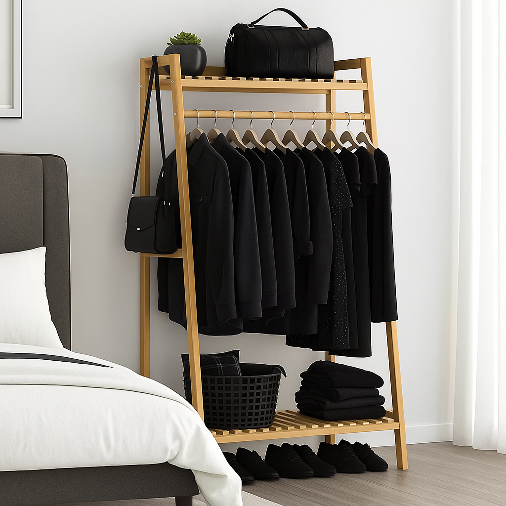 Heavy Duty Bamboo Clothes Rail and Wardrobe