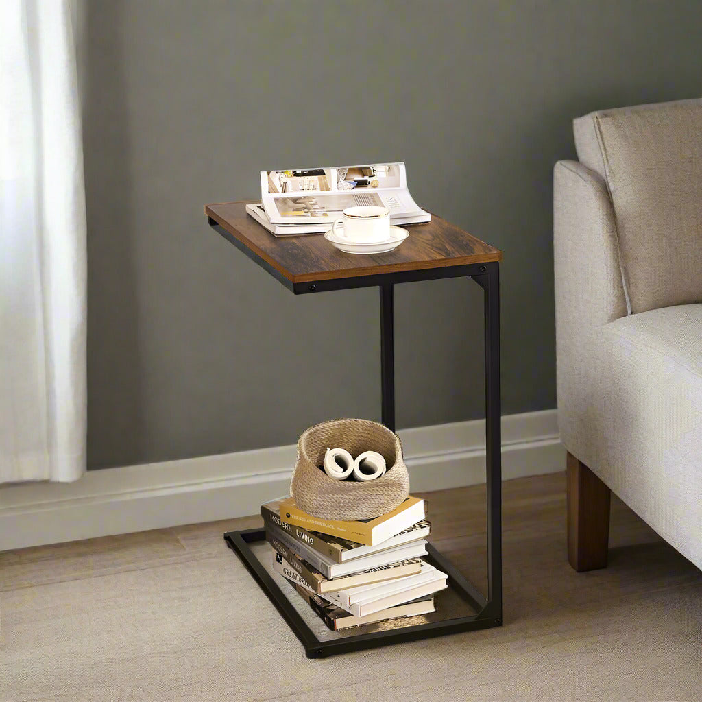 Small Laptop Side Table – Rustic Brown & Black Industrial Sofa or Bed Desk with Steel Frame