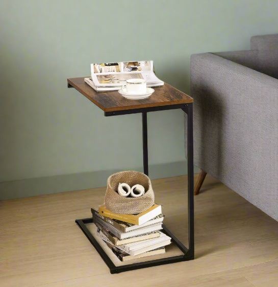 Small Laptop Side Table – Rustic Brown & Black Industrial Sofa or Bed Desk with Steel Frame