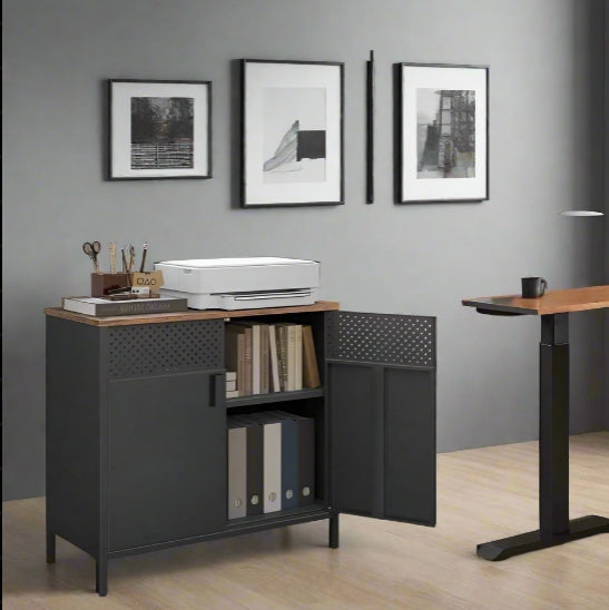 Rustic Brown & Black Floor Standing Storage Cabinet with Door and Adjustable Shelf