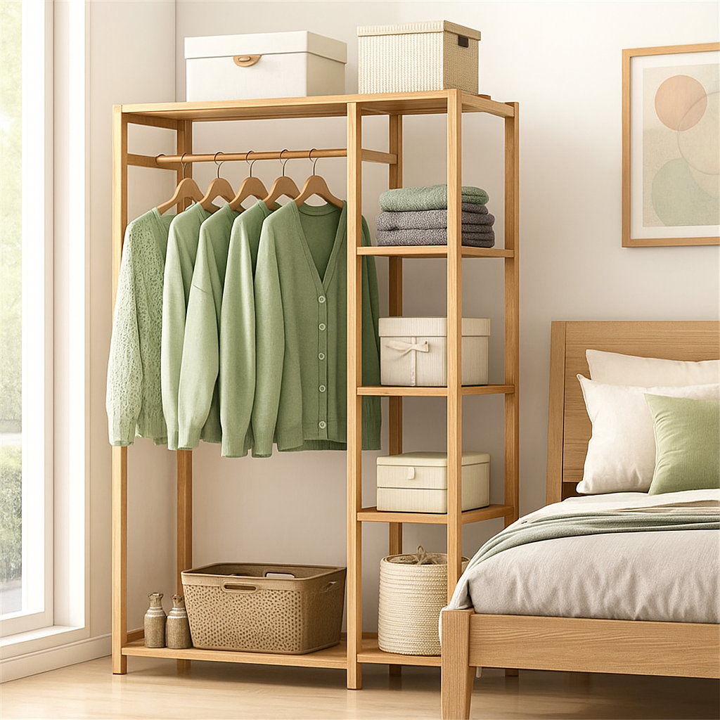 Large Bamboo Garment Rack with Clothes Rail and Shelves
