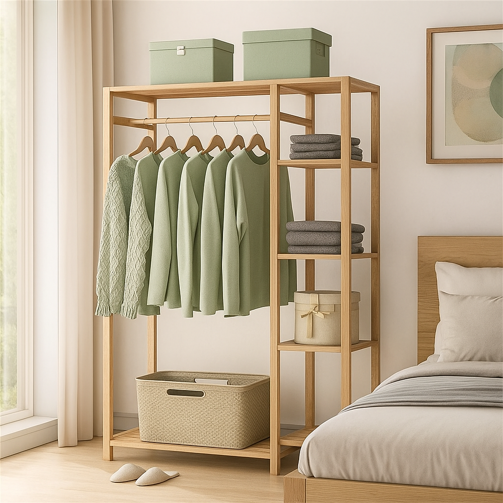 Large Bamboo Garment Rack with Clothes Rail and Shelves