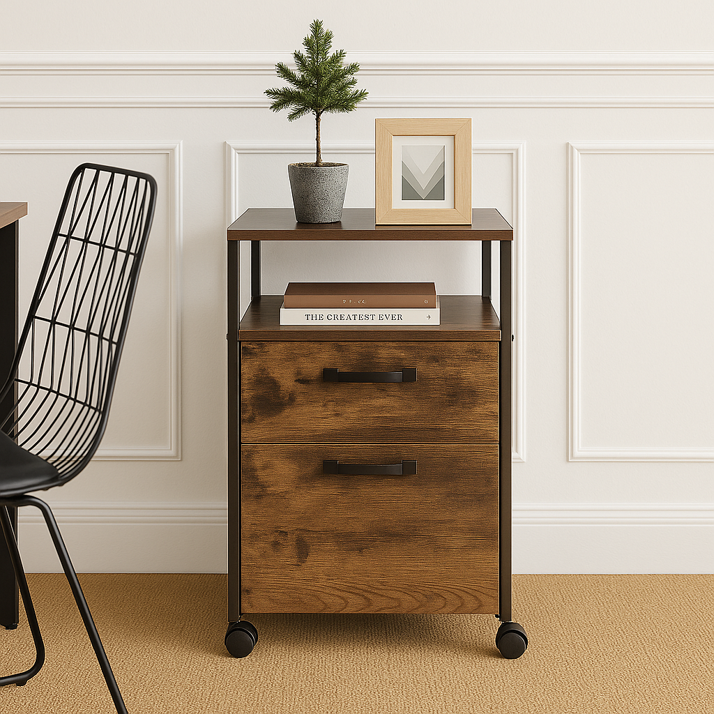 Industrial Mobile Filing Cabinet with Drawer & Wheels – Rustic Brown & Black Office Storage
