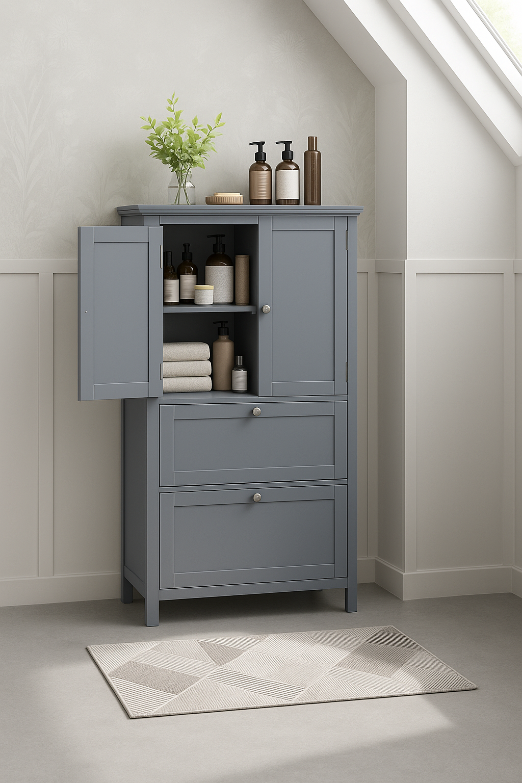 freestanding bathroom cabinet with drawers and adjustable shelf