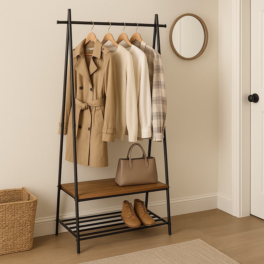 Vintage industrial coat rack with black metal frame and brown wood shelf, featuring top bar for hanging clothes and bottom bench for shoe storage
