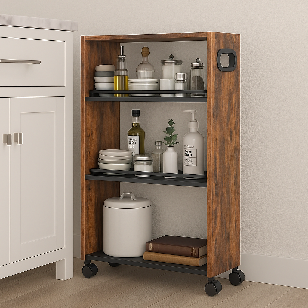 Slim rustic brown and black 4-tier rolling kitchen trolley with lockable wheels and handle, ideal for narrow spaces and small kitchens