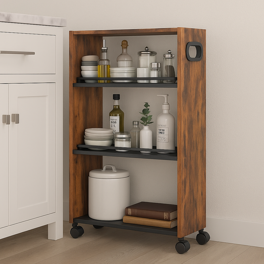 Slim rustic brown and black 4-tier rolling kitchen trolley with lockable wheels and handle, ideal for narrow spaces and small kitchens