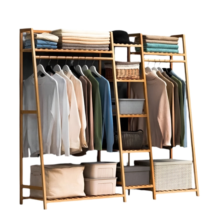 Bamboo Garment Rack with 2 Hanging Rods & 5 Tier Storage Shelves – Natural Wood Finish