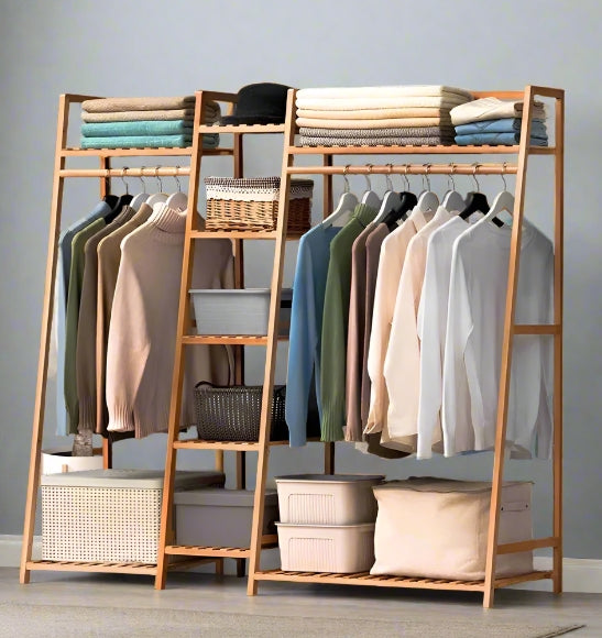 Bamboo Garment Rack with 2 Hanging Rods & 5 Tier Storage Shelves – Natural Wood Finish
